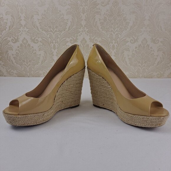 Vince Camuto Totsi Size 8M Nude Patent Leather Espadrille Wedge Heels Peep Toe - Picture 7 of 13